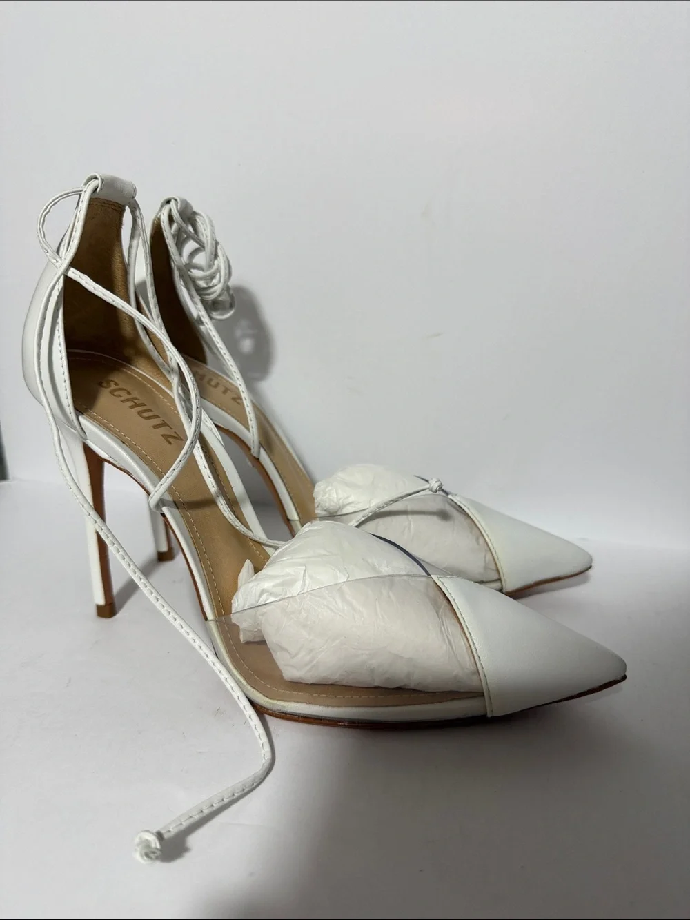 SCHUTZ White Pointed Lace-Up Heels with Ankle Wrap